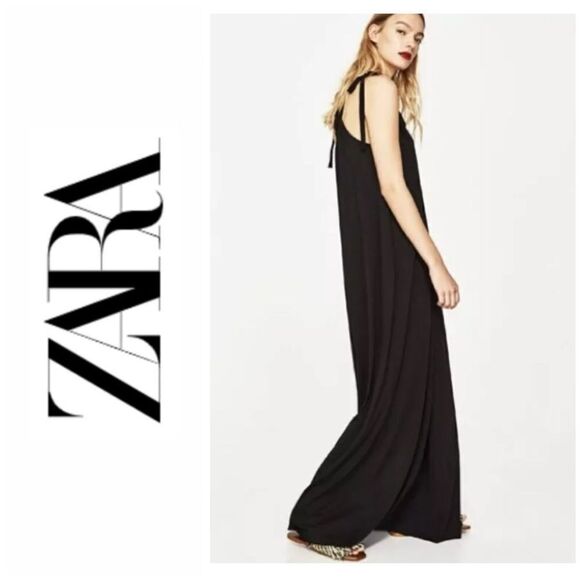 Zara Woman Basic Collection Black Shoulder Tie Flowy Maxi Dress, Size Medium - Picture 1 of 9